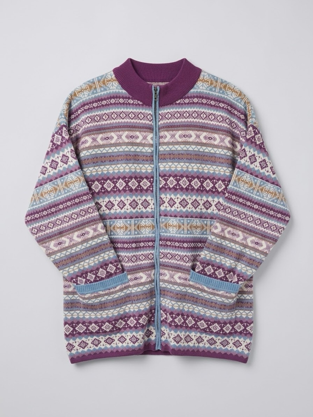Vintage 90s Lizsport Fair Isle Knit Full Zip Sweater Jacket Cotton Purple S